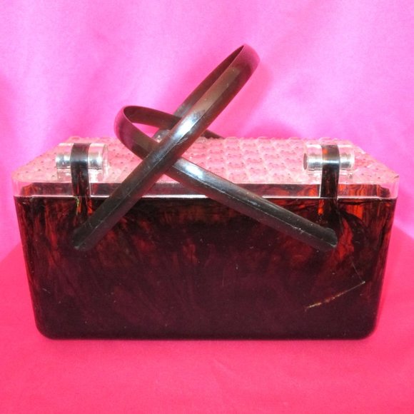 1950s vintage brown lucite clear purse rockabilly plastic box bag - Picture 5 of 6